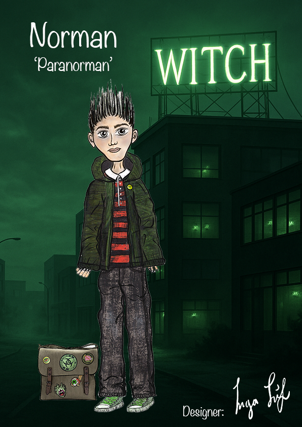 An illustrated character named Norman, from 'Paranorman,' stands in front of a dimly lit building with a green 'WITCH' sign. He wears a black jacket with a striped shirt and jeans, and a green bag rests on the ground next to him.