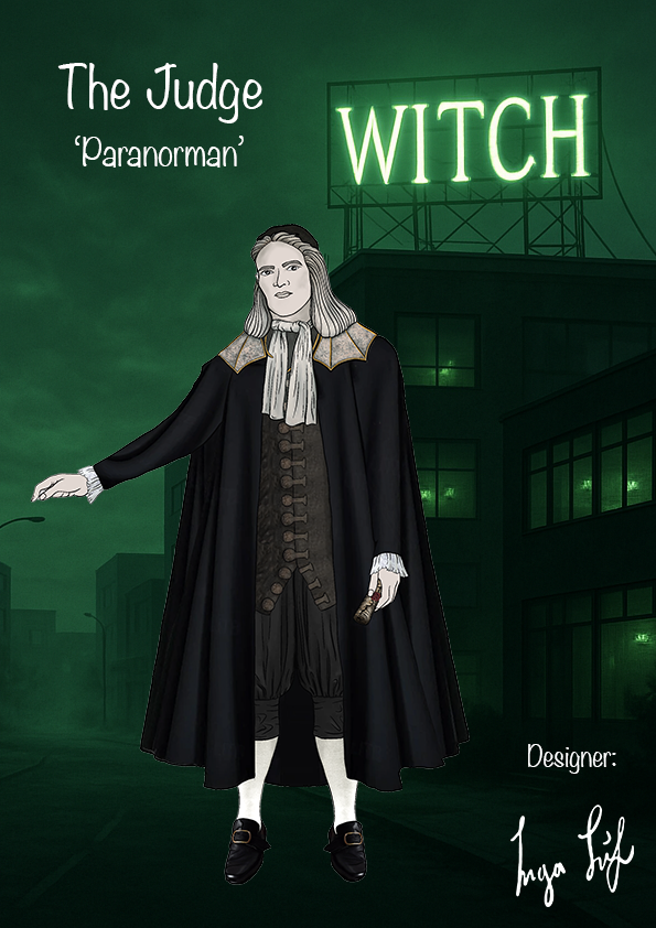 An illustrated character named 'The Judge' from 'Paranorman', wearing a long black cloak and a powdered wig, stands against a smoky green background. The word 'WITCH' is illuminated in neon green above a building in the background.