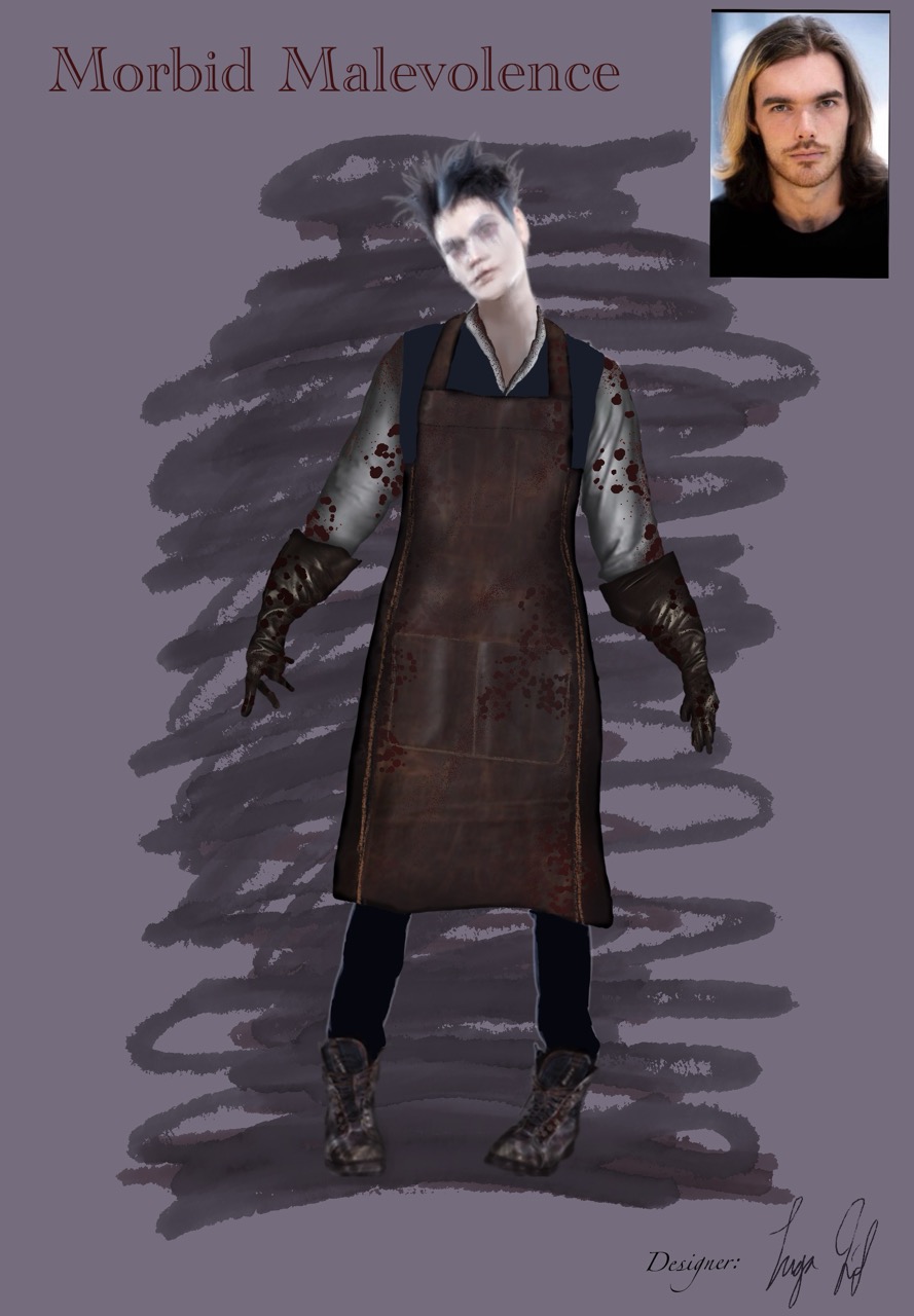 A character design titled "Morbid Malevolence" features a figure wearing a dark apron with stains. The background consists of textured grey brush strokes. An inset portrait of a young man with long hair appears in the top corner.