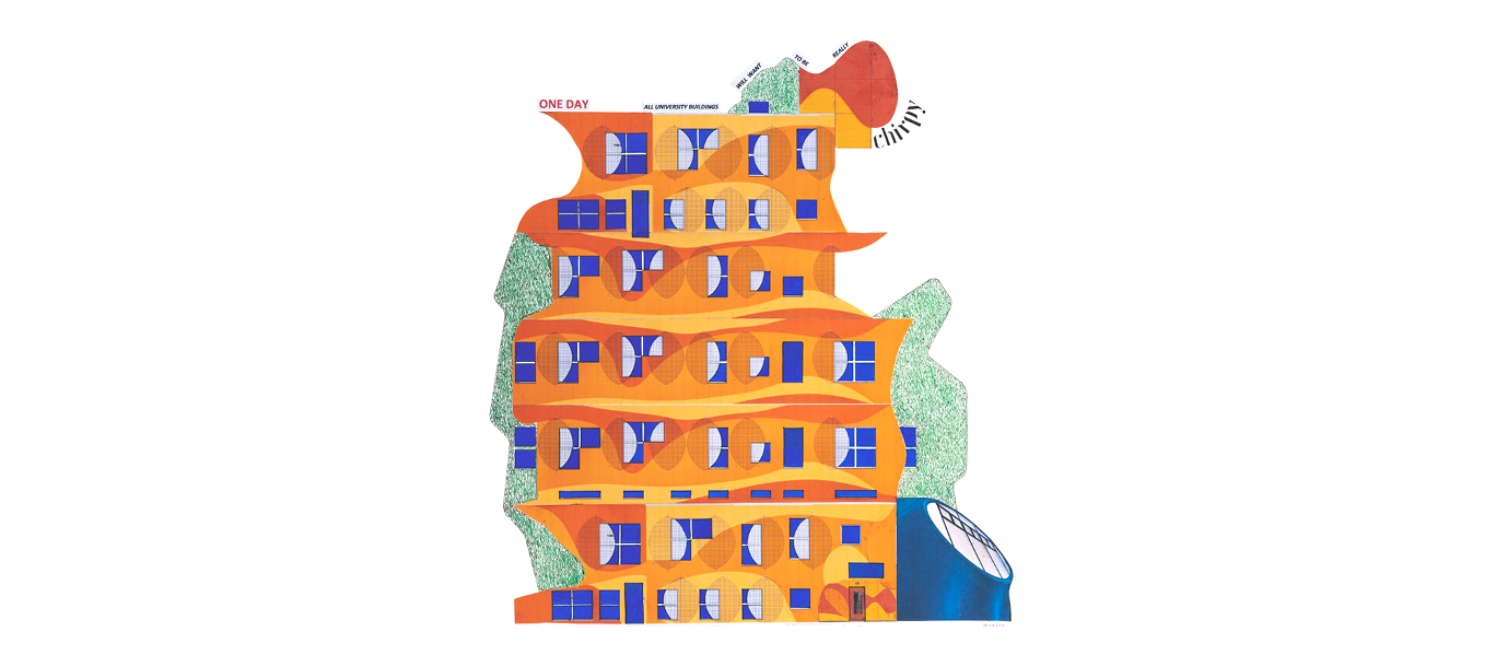 Artist's sketch of an orange seven-storey building