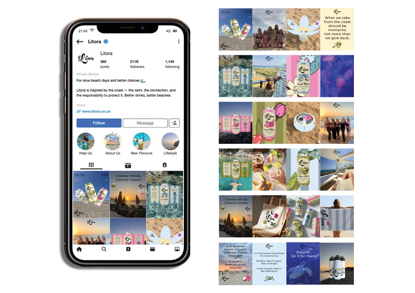 A smartphone displays the Litora Instagram profile, with a grid of lifestyle posts beside it on a white background.