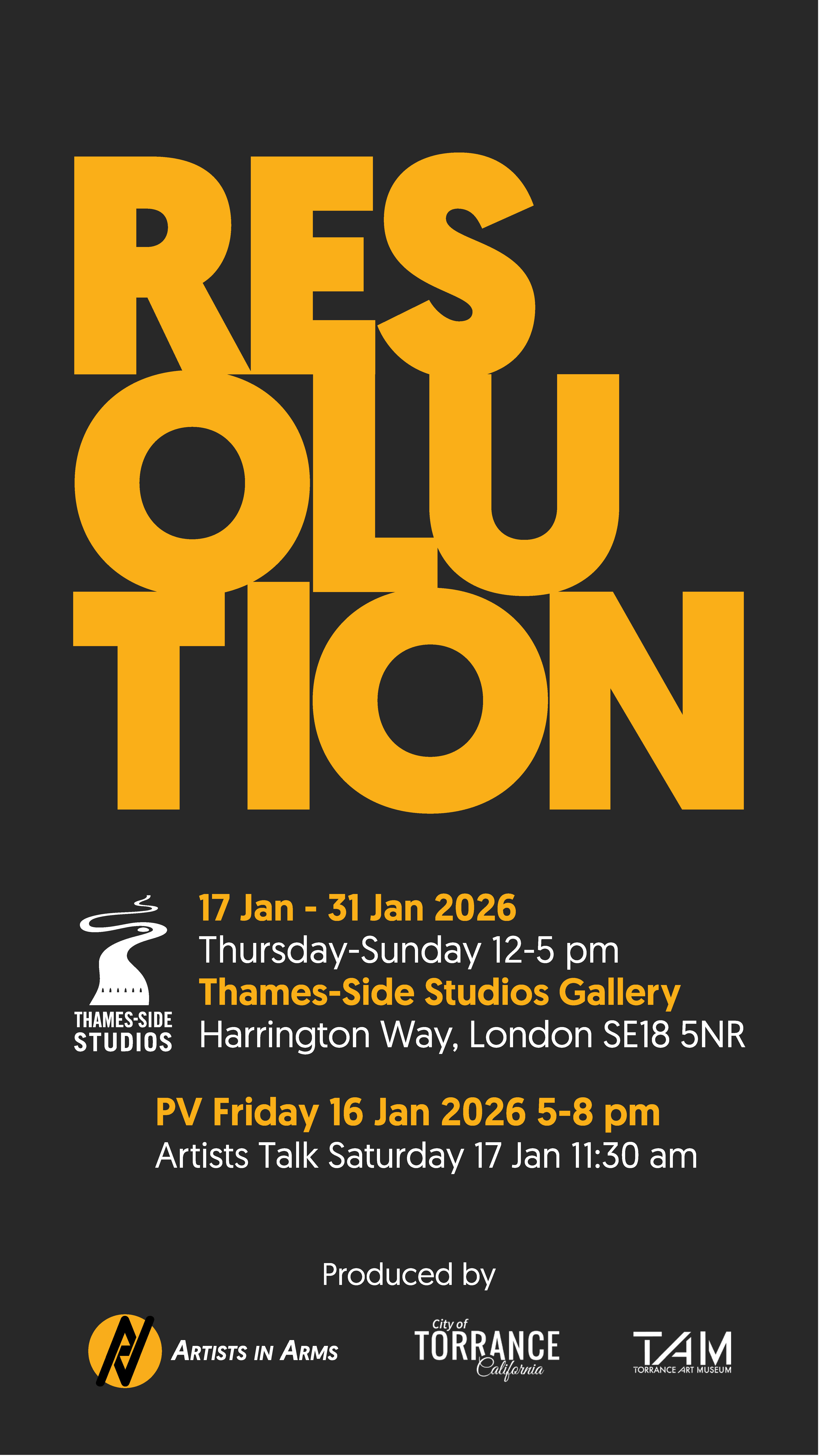 Art exhibition poster with large orange "RESOLUTION" text on dark grey background, white event details below, organisers' logos at bottom.