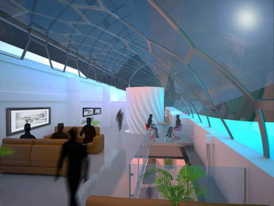 Modern interior with curved glass ceiling, white stairs with blue-pink lighting, brown seating area, and blurred figures moving through space.