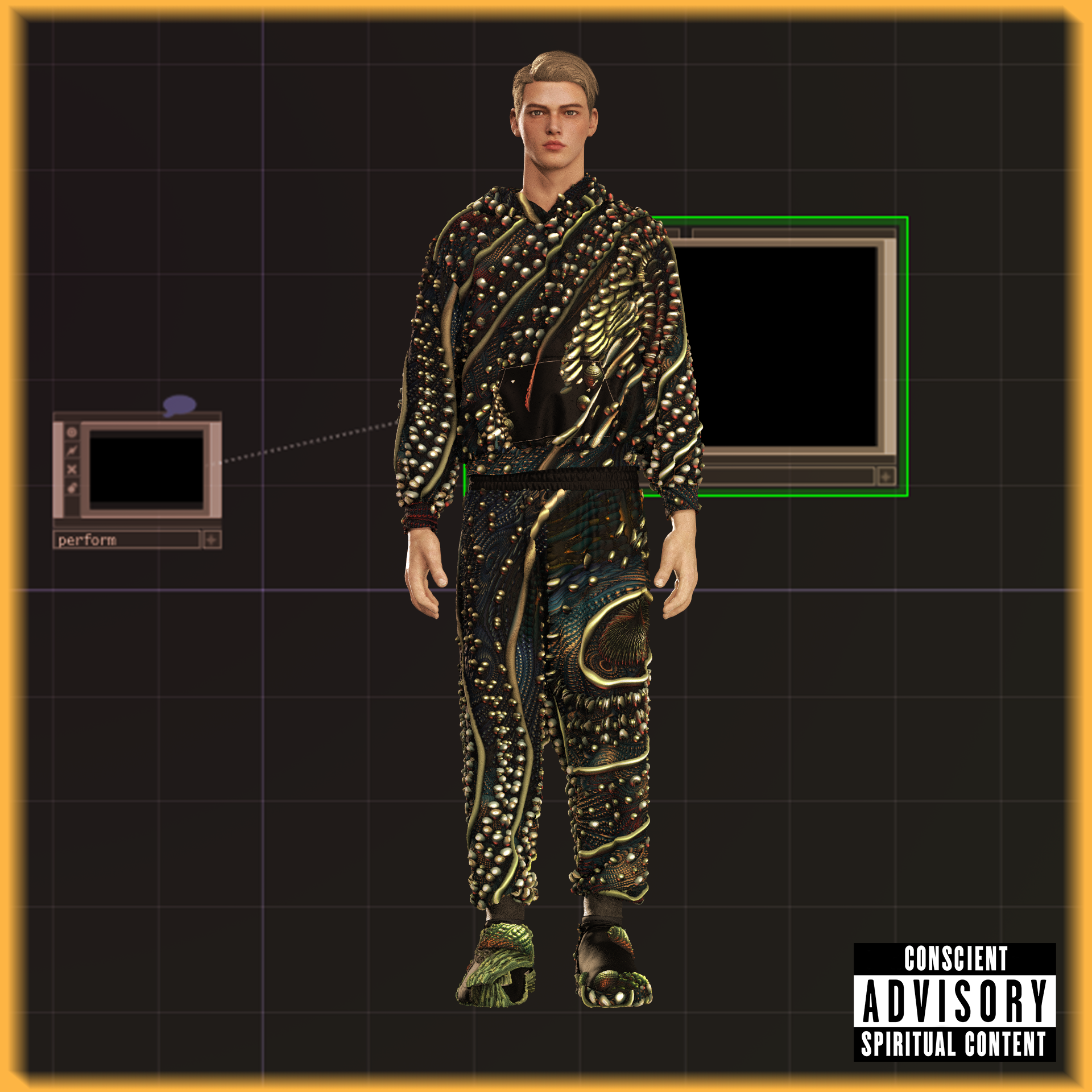 Digital model wearing an elaborate black and silver scaled outfit, on a grid-lined background with two images of screens or monitors behind him.