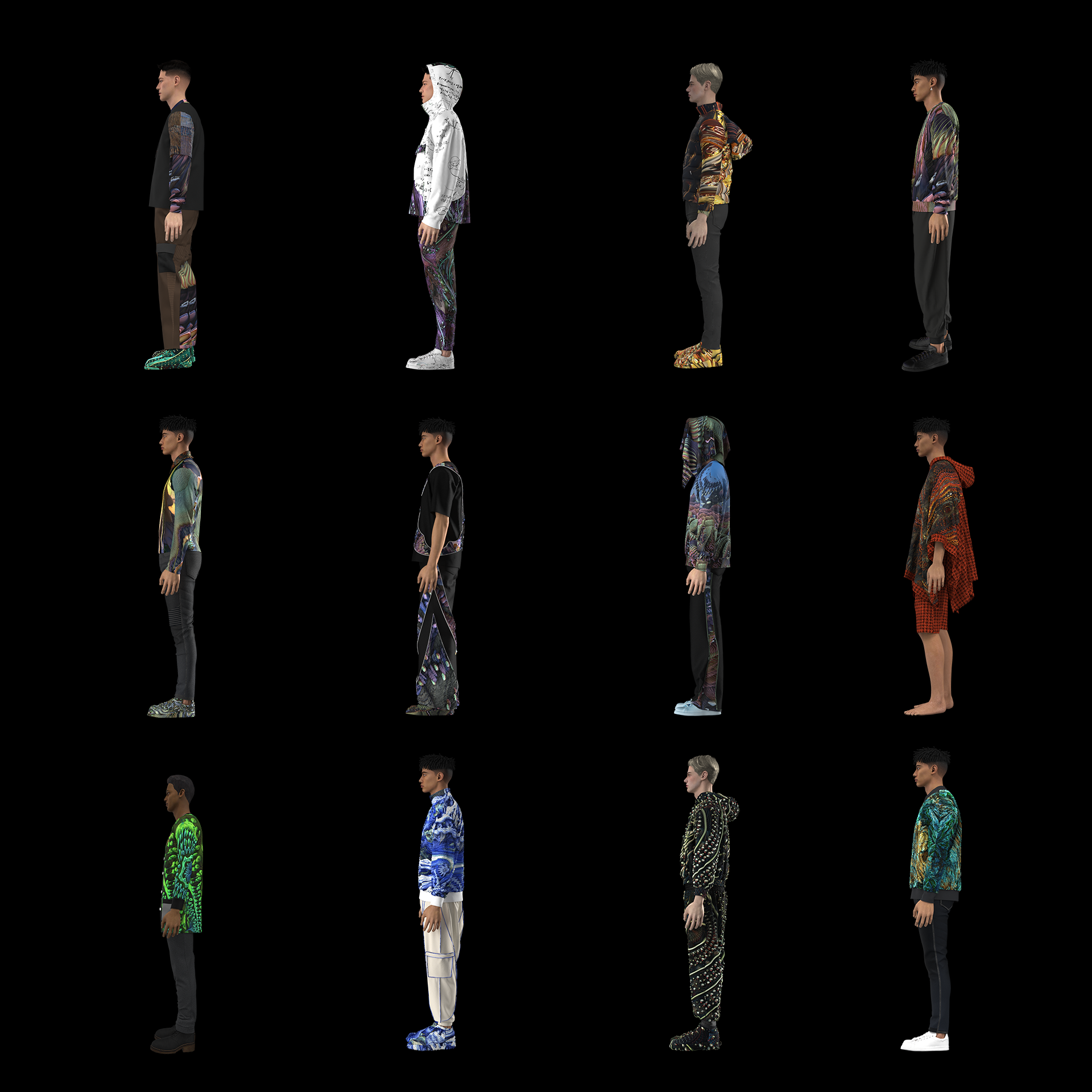 Twelve digital models wearing different outfits, aligned on a black background, facing to the left.