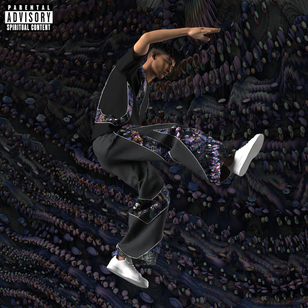 Digital model wearing a black outfit with blue and purple patterned accents throughout and white shoes, with one arm raised, and one leg kicking out. The black, blue and purple pattern also makes up the background.