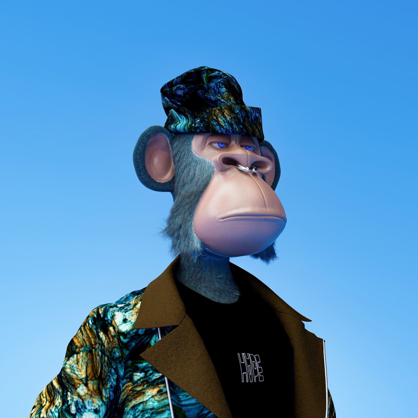 Digital model of a monkey with blue fur wearing an abstract black, blue and brown patterned jacket and matching hat. The monkey has a nose ring.