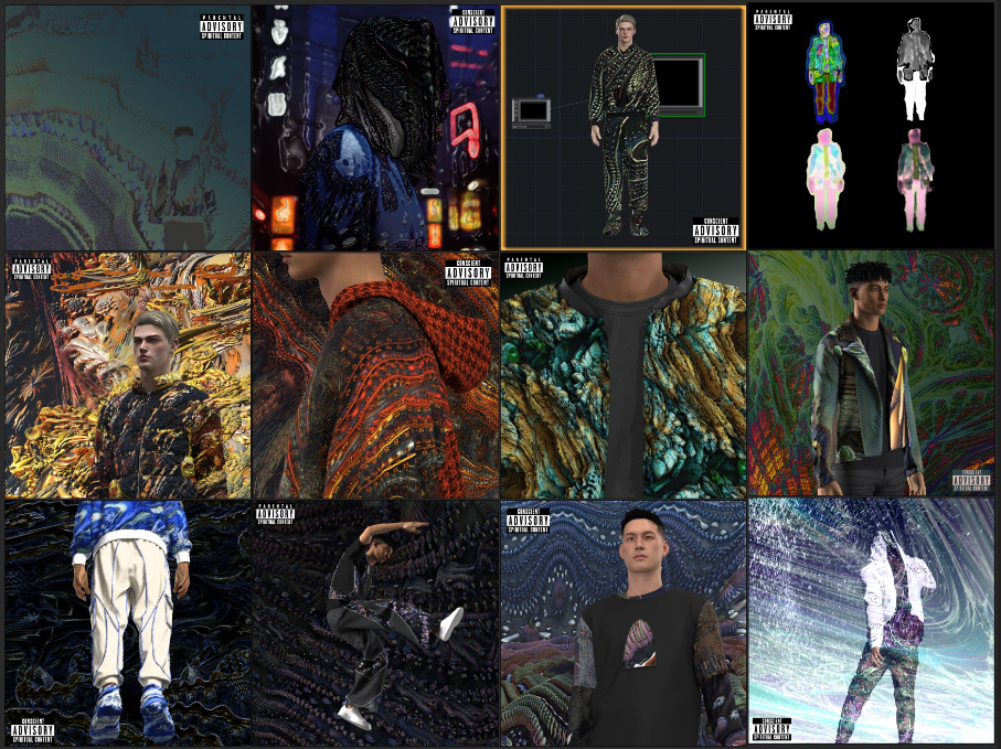 A grid of 12 images showing various samples of digital fashion design. Some are close-ups of the garments themselves. Others show the models in part or in full.
