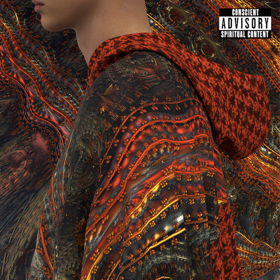 Close-up of a digital model wearing an elaborate red, black and gold patterned hoodie, with a similar pattern in the background.