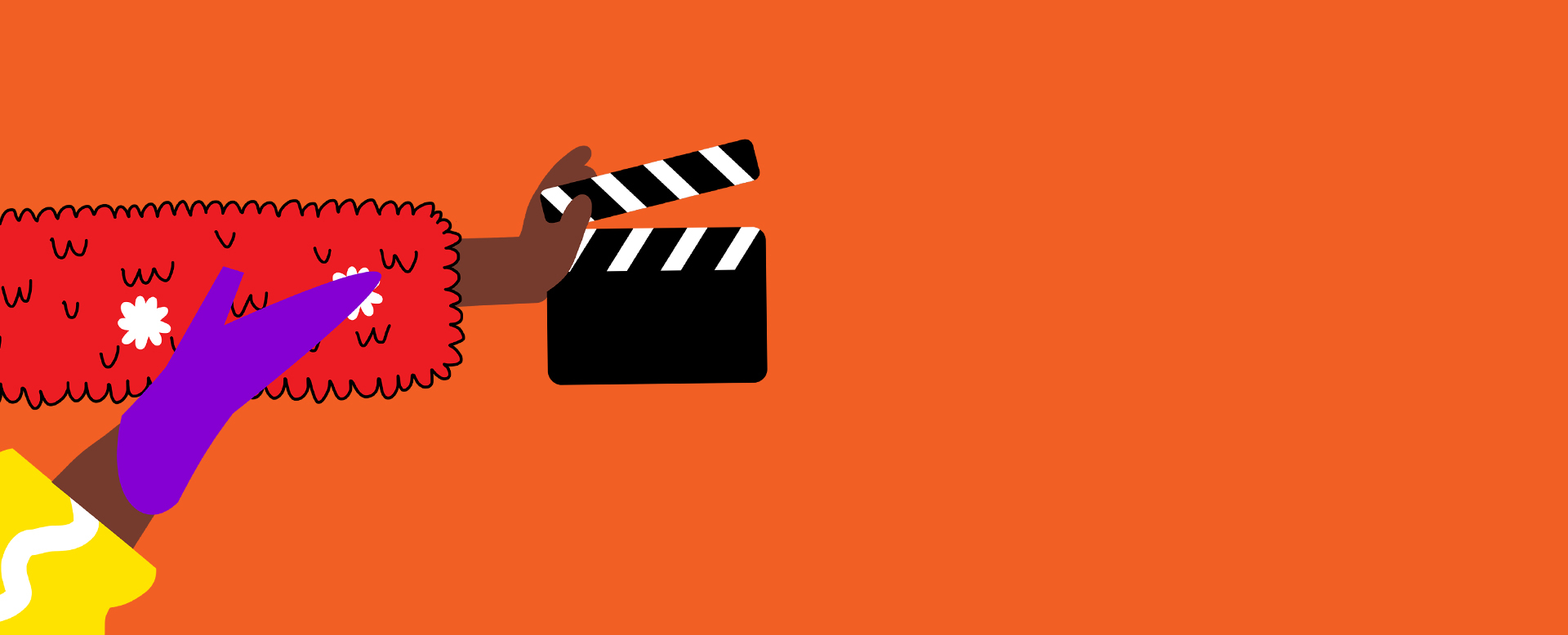 Banner depicting an outstretched arm holding a clapper board.