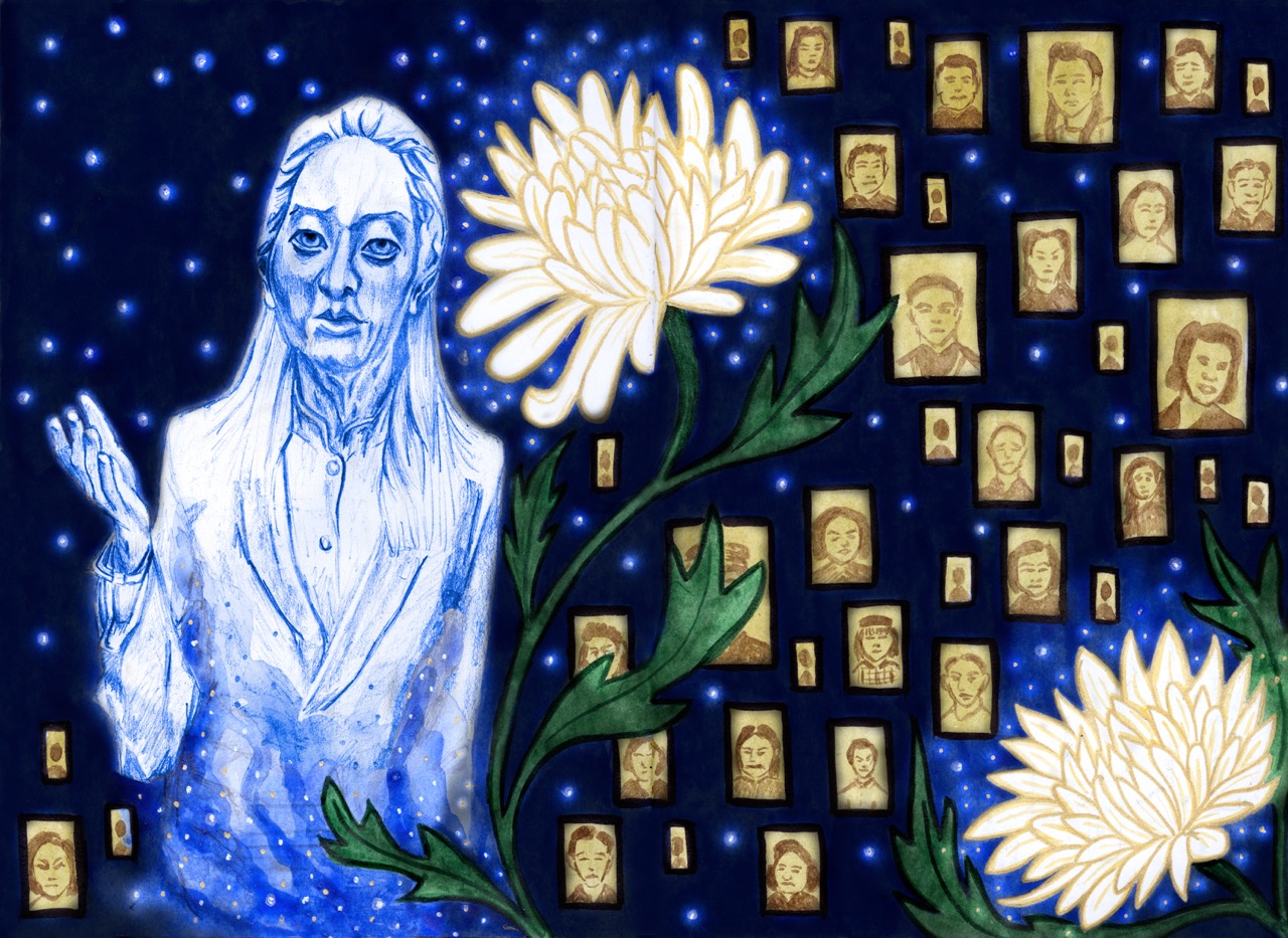 A blue-toned mural of an illustrated long-haired figure beside white flowers, with many small portrait tiles scattered across a dark background.