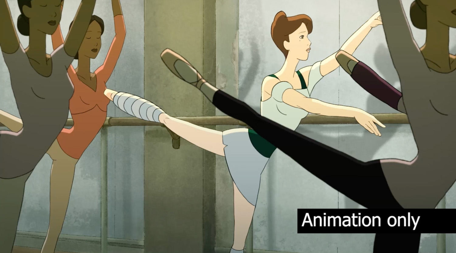 Animated still of four ballet dancers posing in a dance studio.