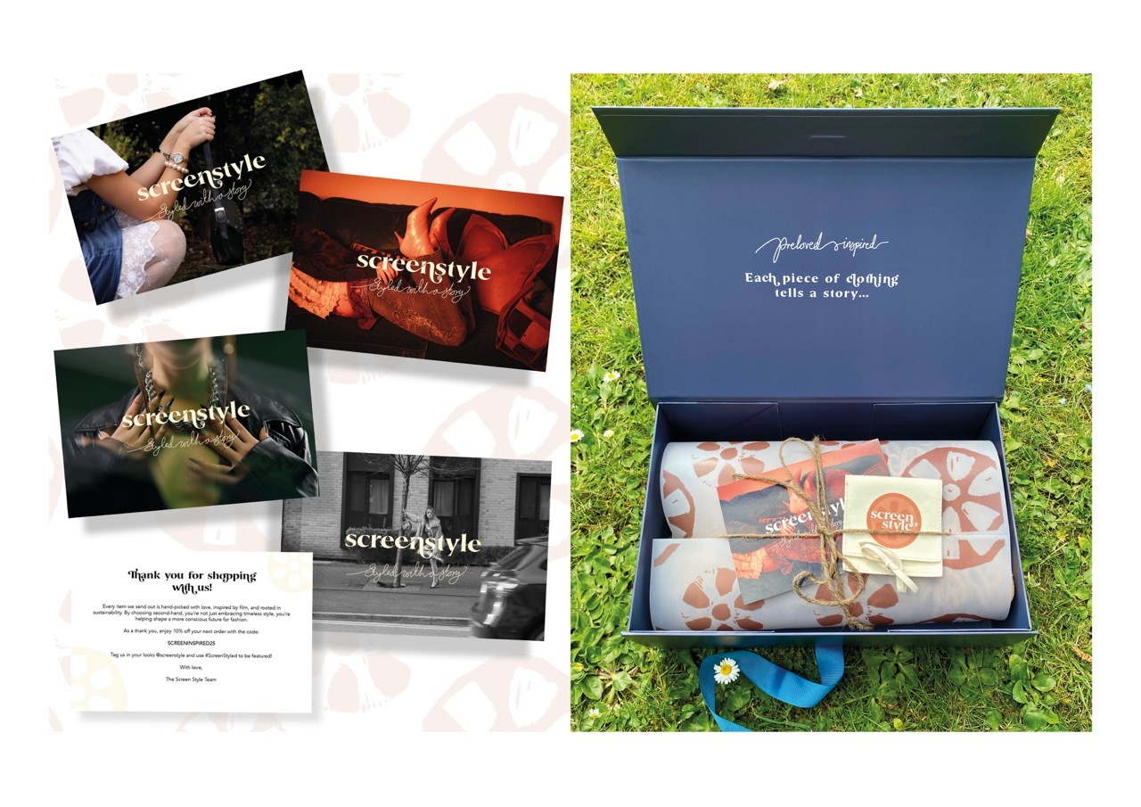 Split image: Left shows scattered Screenstyle branded cards and materials in various colours. Right shows open dark box on grass containing floral patterned items.
