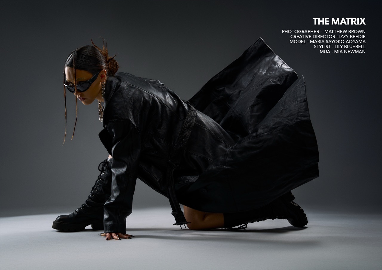 Person in black leather coat and dark sunglasses crouched in action pose against grey backdrop. "THE MATRIX" title text visible.