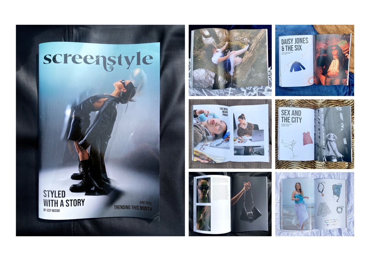 Screenstyle magazine cover and interior pages spread open, showing fashion photography and layouts with text and images.