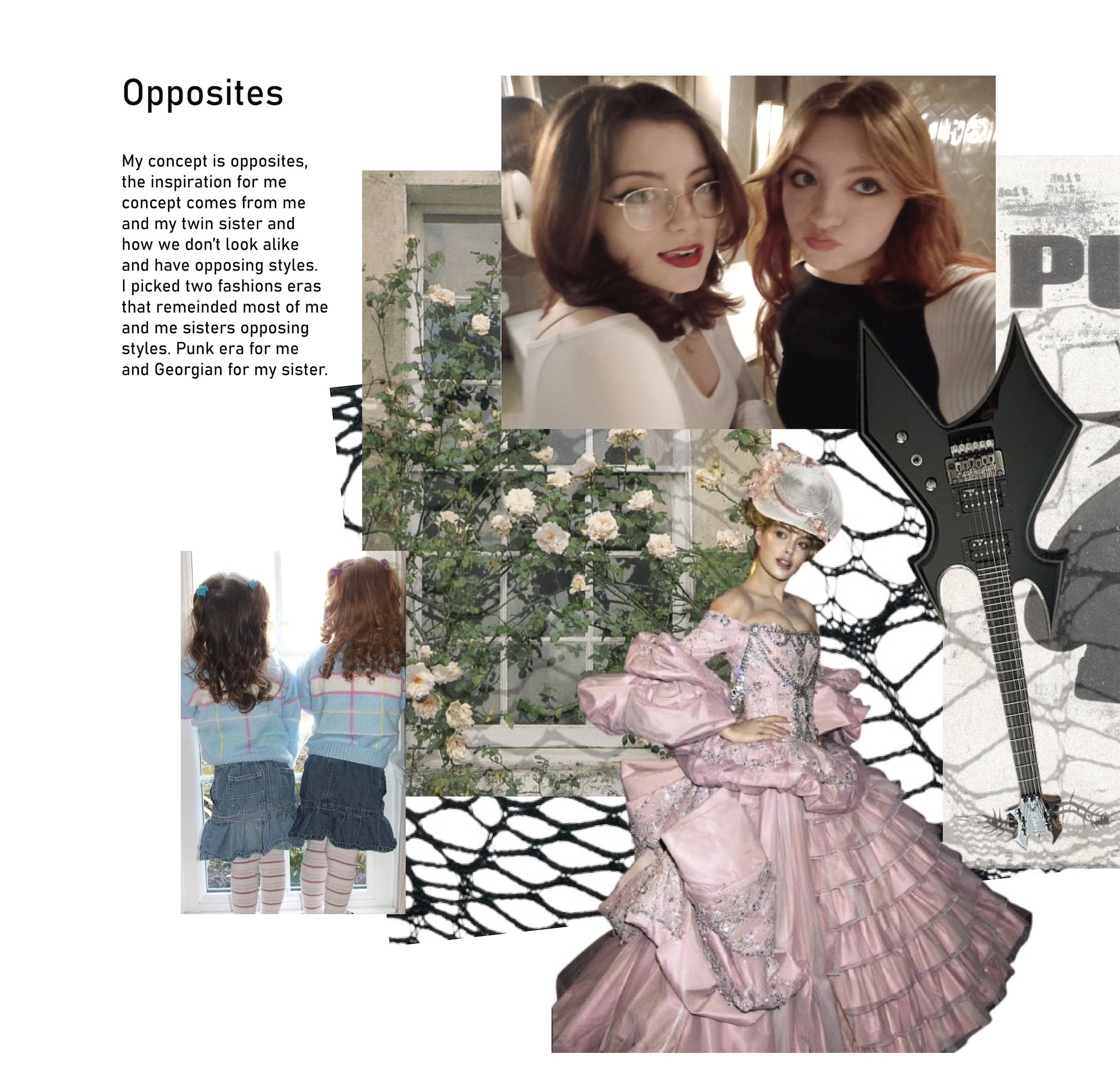 A fashion mood board titled “Opposites” shows two women in a selfie, two girls seen from behind, a pink dress illustration and a black electric guitar over a collage of flowers and netting.