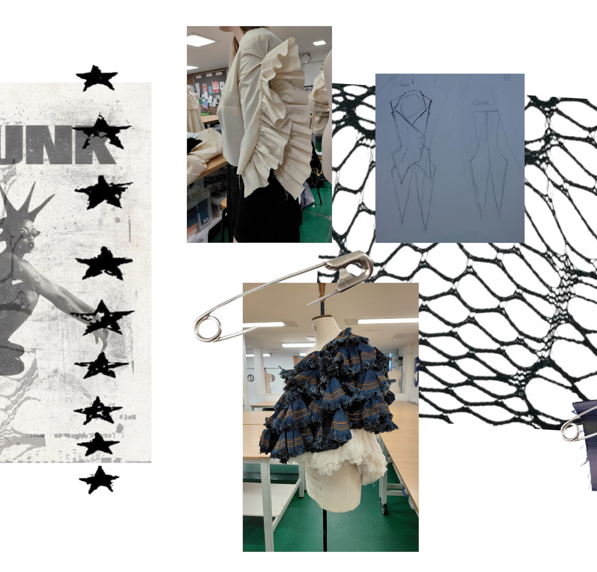 A collage of fashion design sketches and garment photos, including ruffled rickrack details, a blue plaid layered dress on a mannequin, and a large safety pin over a black net pattern.
