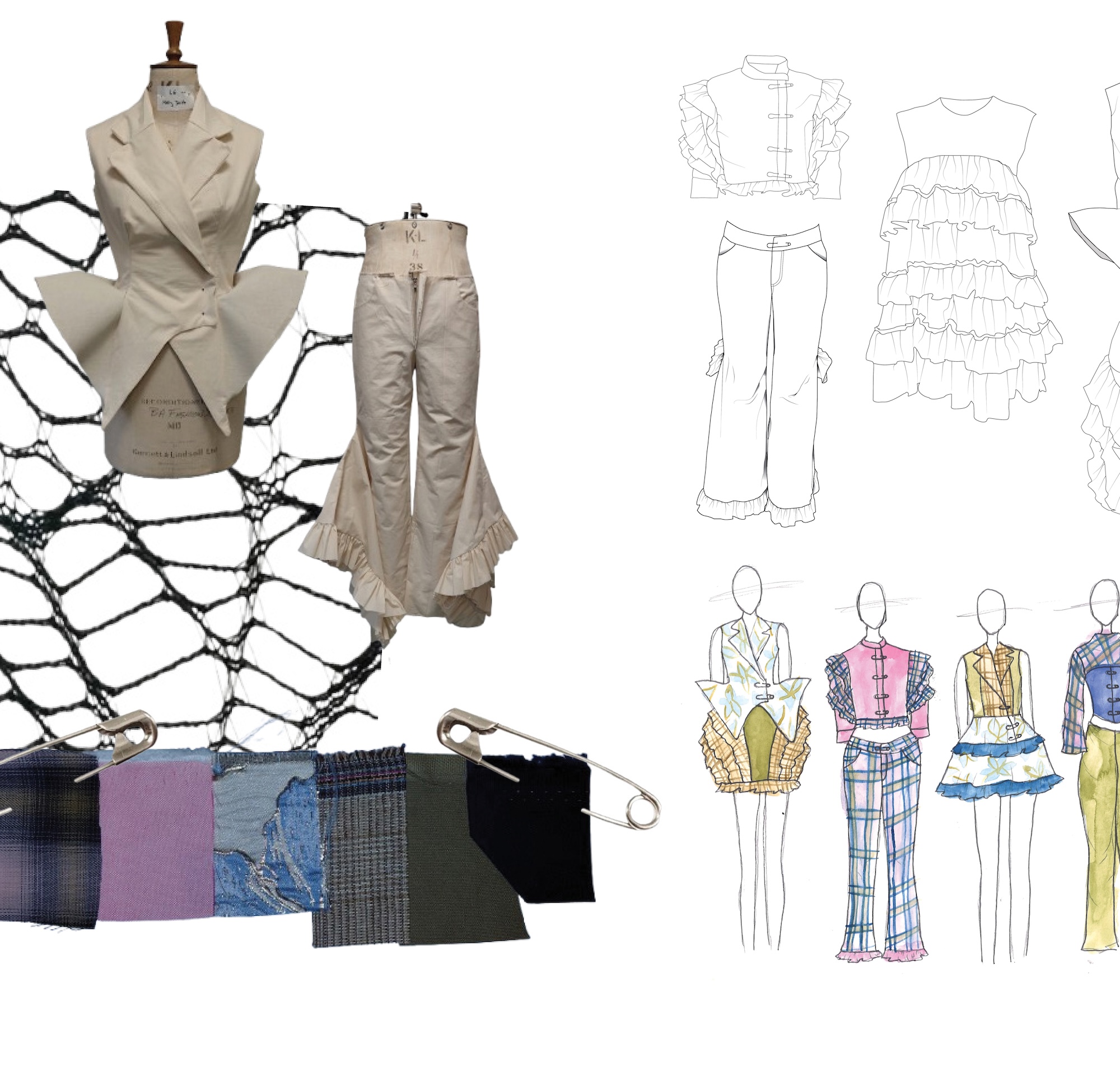 A fashion design mood board with beige garment mock-ups, fabric swatches pinned along the bottom, and hand-drawn outfit sketches on the right.
