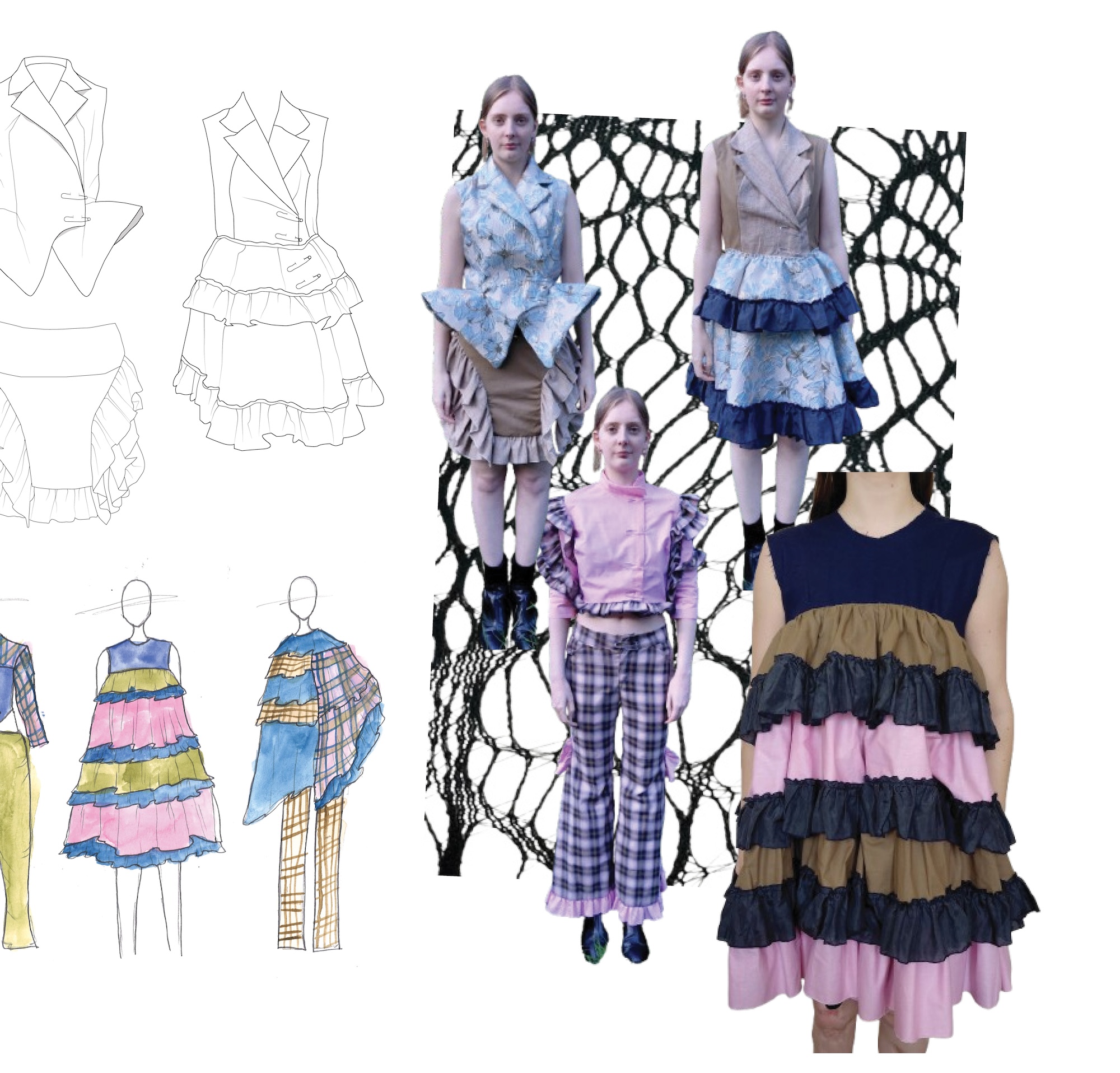 Fashion design collage showing sketches and photographed models wearing layered pastel garments with ruffles and plaid, arranged on a white background.