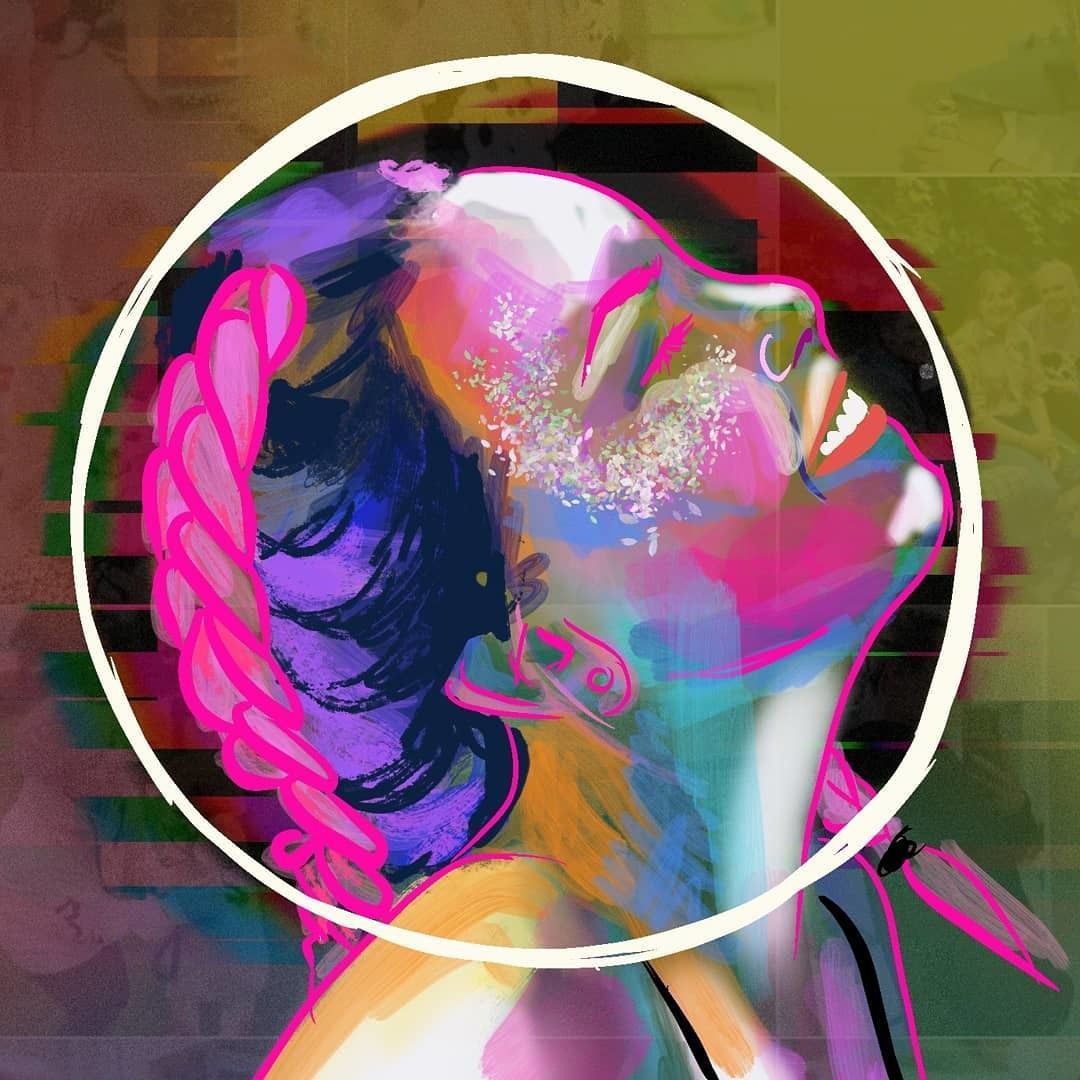 Artwork showing a person from the side looking up and smiling, with a circle drawn around them.