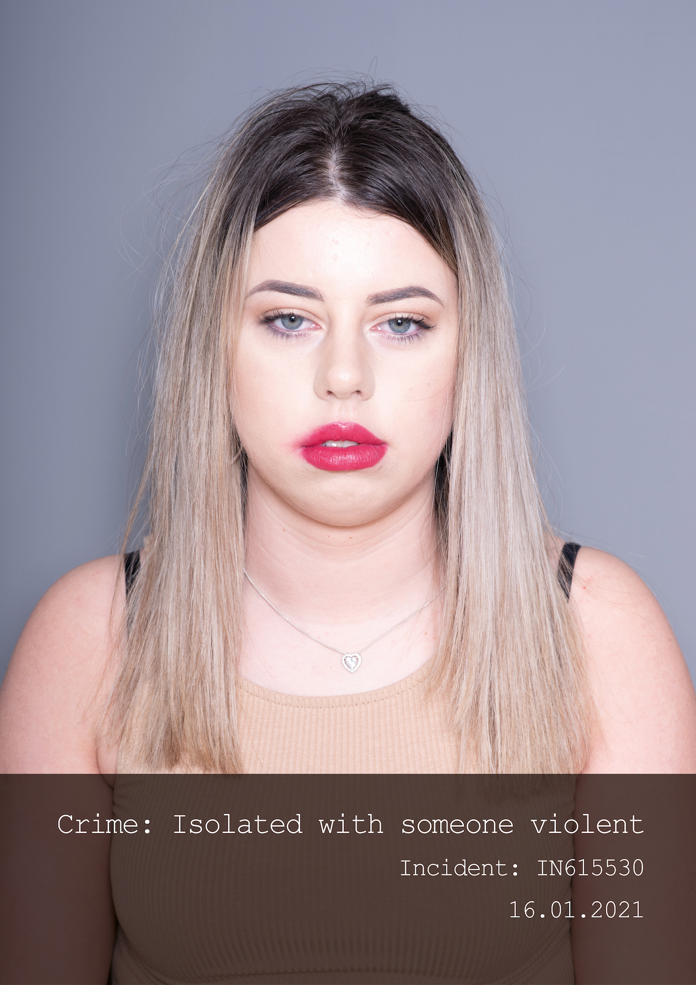 Mugshot of a women with a text of her "crime"