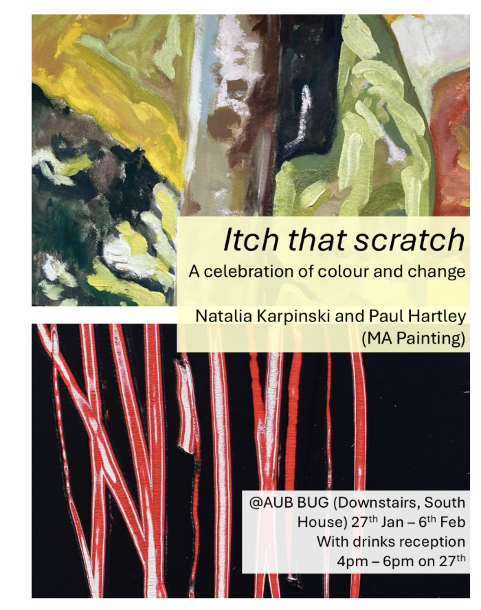 Exhibition poster with abstract paintings: yellow, green and brown brushstrokes above, red and white linear forms below on black background.
