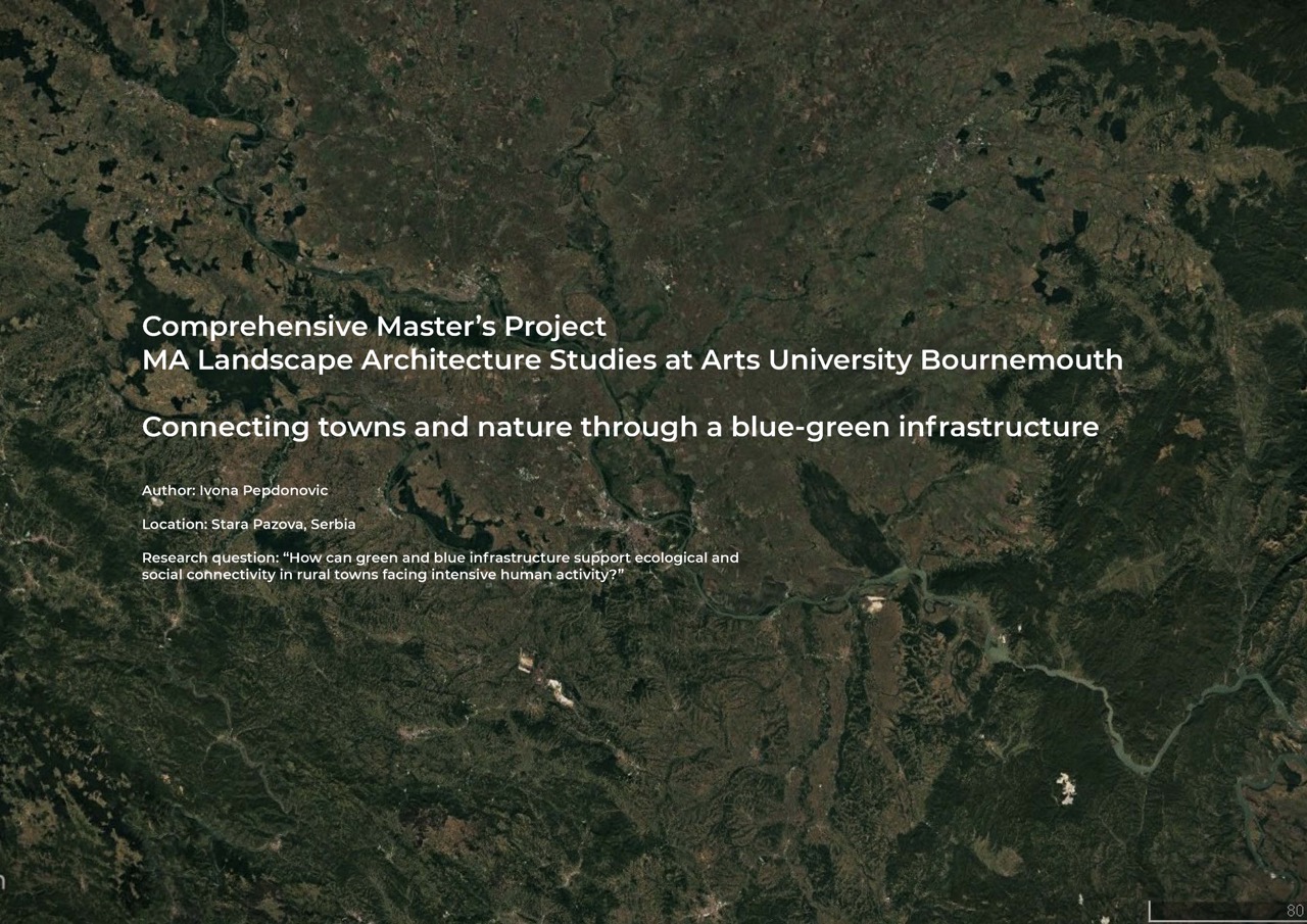 An aerial view of a landscape featuring mountains, forests, and agricultural land in a rural area. The image includes text overlays describing a Master's project in Landscape Architecture focused on ecological and social connectivity in Serbia.