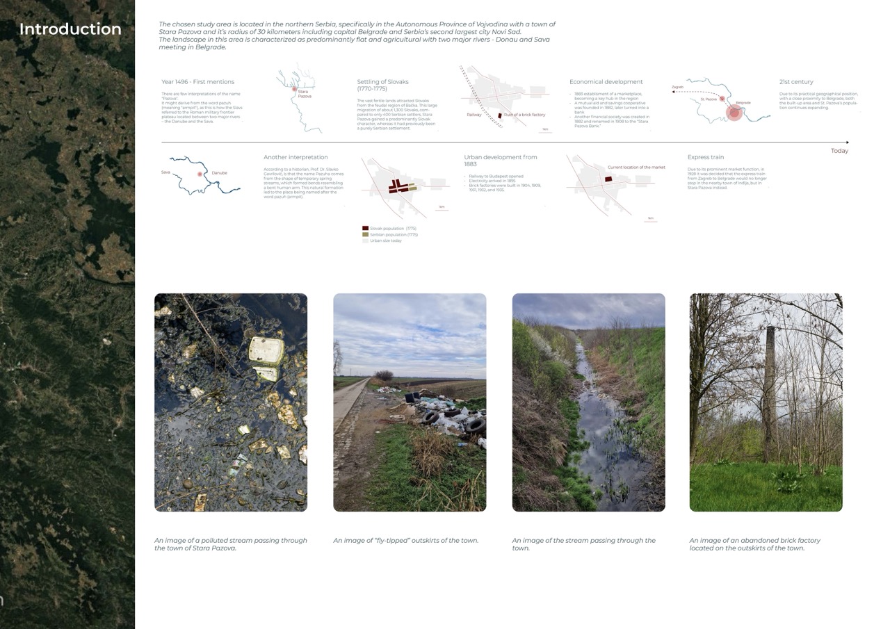 A collage of images illustrating environmental issues: litter on a dirt path, a view of polluted water from a river, diverse natural landscapes, and industrial structures near green areas, accompanied by an overview and maps at the top.