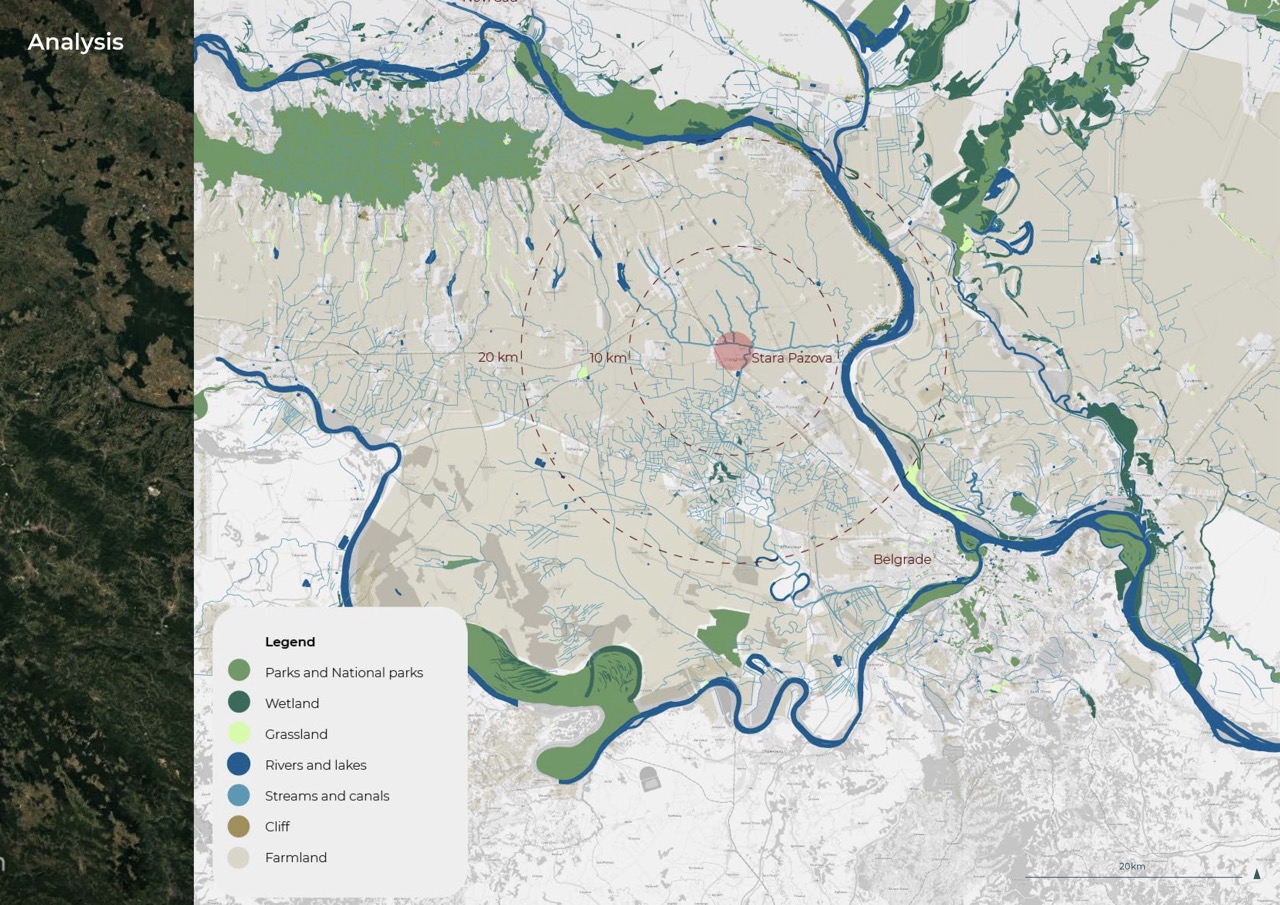 A detailed map showing geographical features of a region, labelled 'Analysis.' It includes various terrains such as parks, wetlands, rivers, lakes, and farmland, marked in different colours according to the legend, with red dots indicating specific locations.
