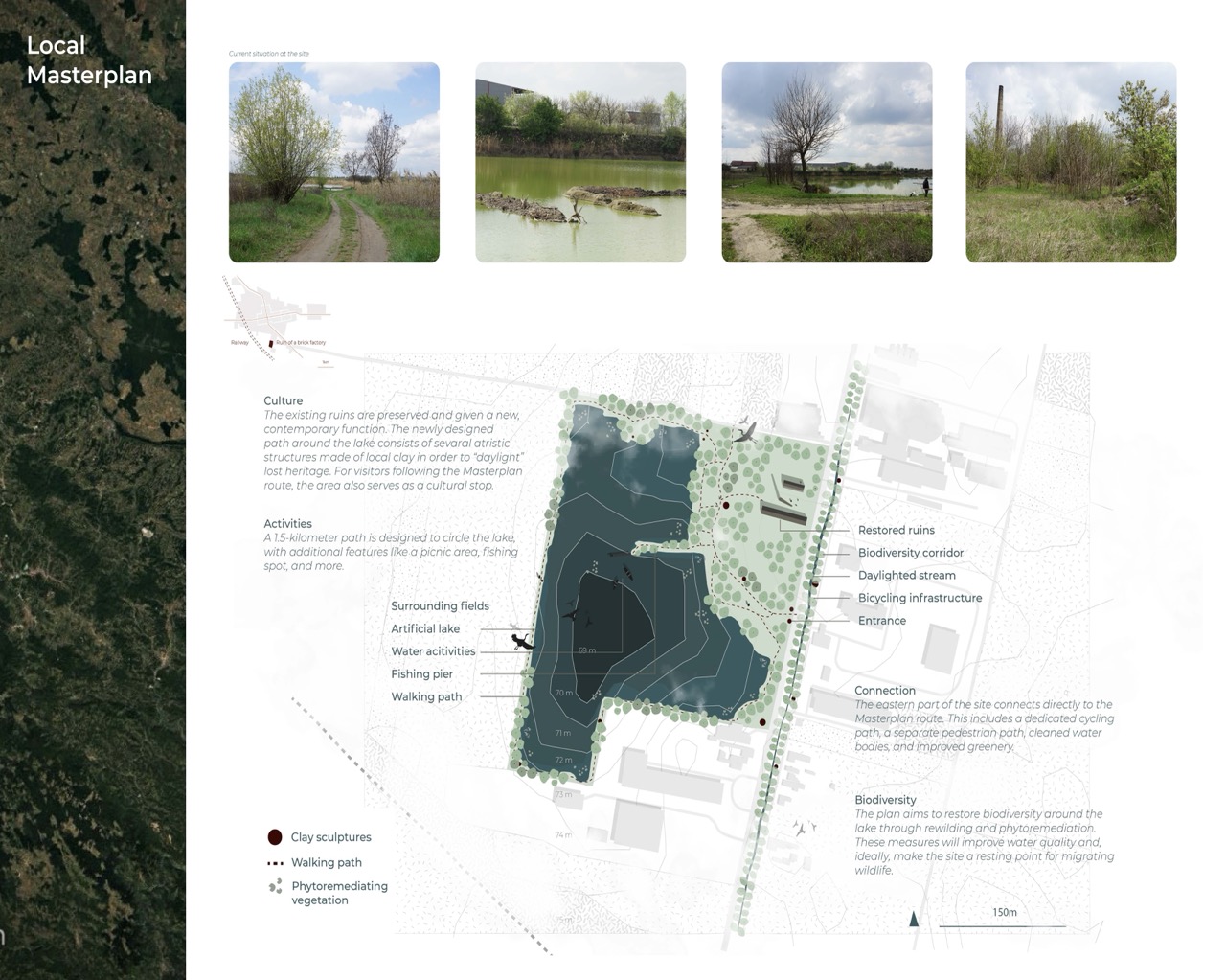 A local masterplan image showing a landscape design. The plan includes a lake, walking paths, and vegetation areas, accompanied by four photos of the site featuring greenery, water, and industrial structures. A map is present with details on biodiversity and activities.