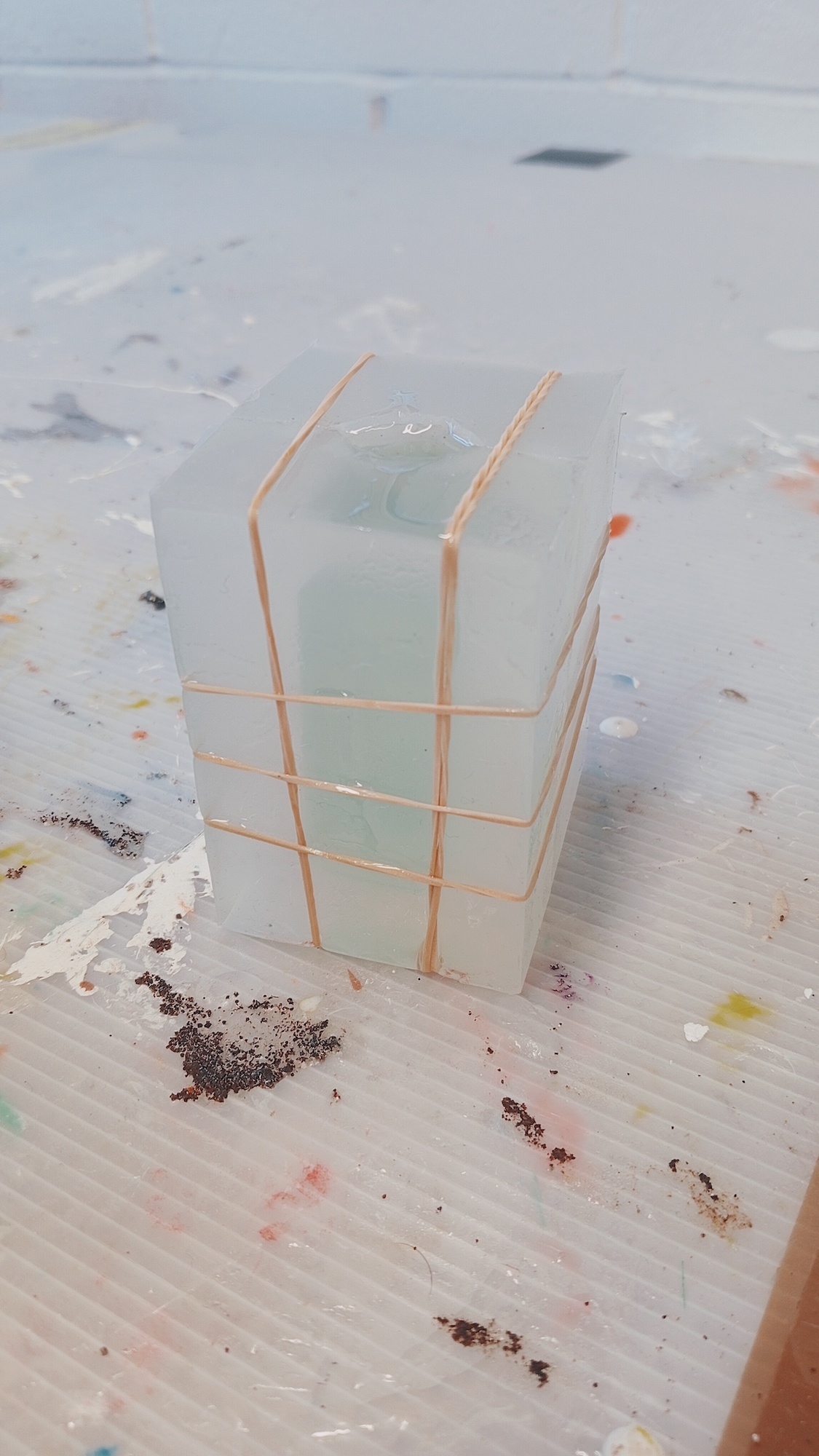Translucent glass block in string.