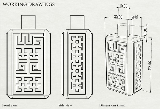 Working drawing outlines of a perfume bottle, front, side and diagonal view.