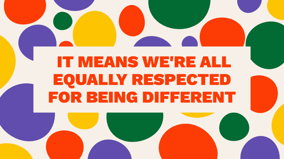 Words reading 'It means we're all equally respected for being different' in a colour circle background
