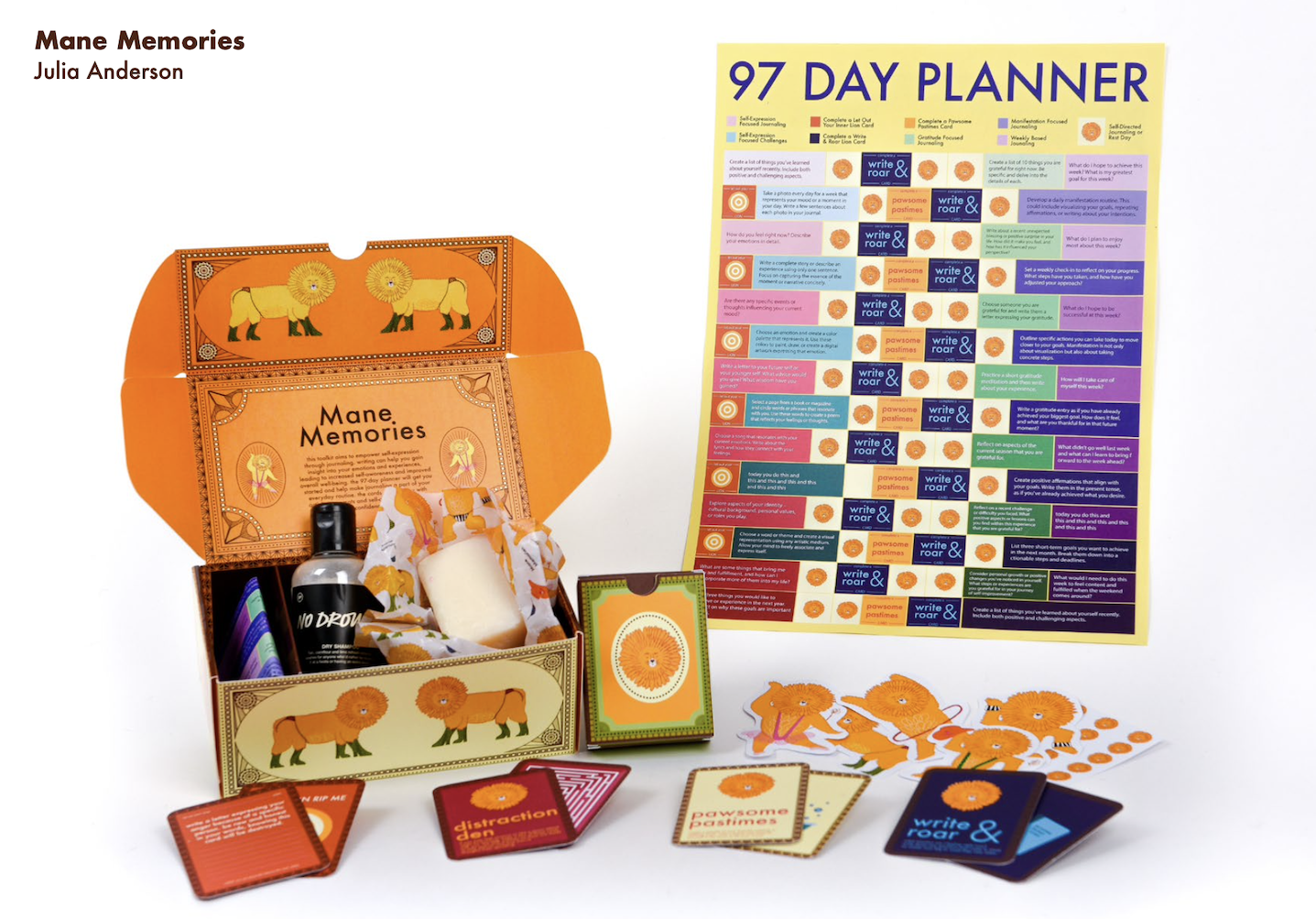 A lion-themed orange Lush box design with a '97 day planner' called Mane Memories, by Julia Anderson.