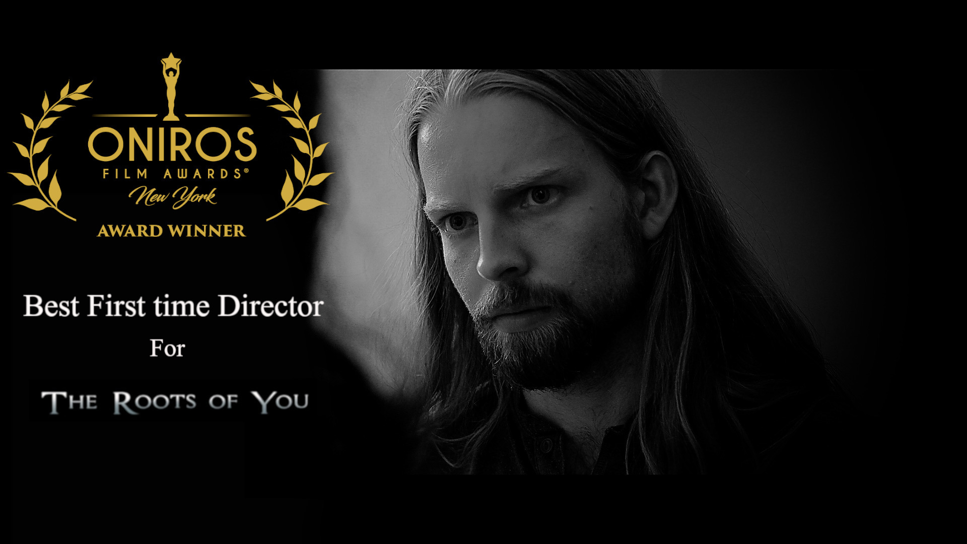 Headshot of Jes Gislason with the Oniros Film Awards logo and laurels on the left. Text reading "Best First time Director For The Roots of You" appears underneath the logo.