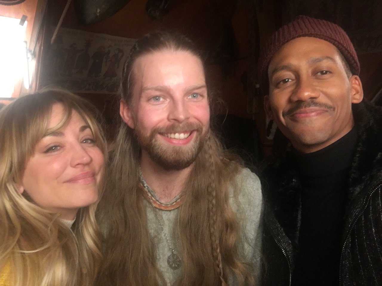 Actor and BA (Hons) Acting graduate Jes Gislason with two cast members from The Flight Attendant.