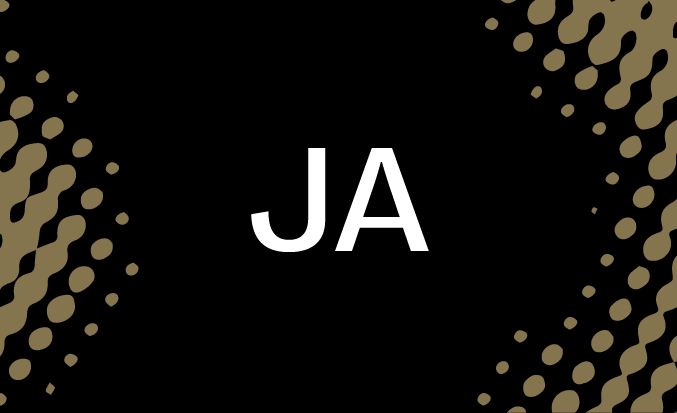 Black and gold banner with the white text "JA" in the centre.