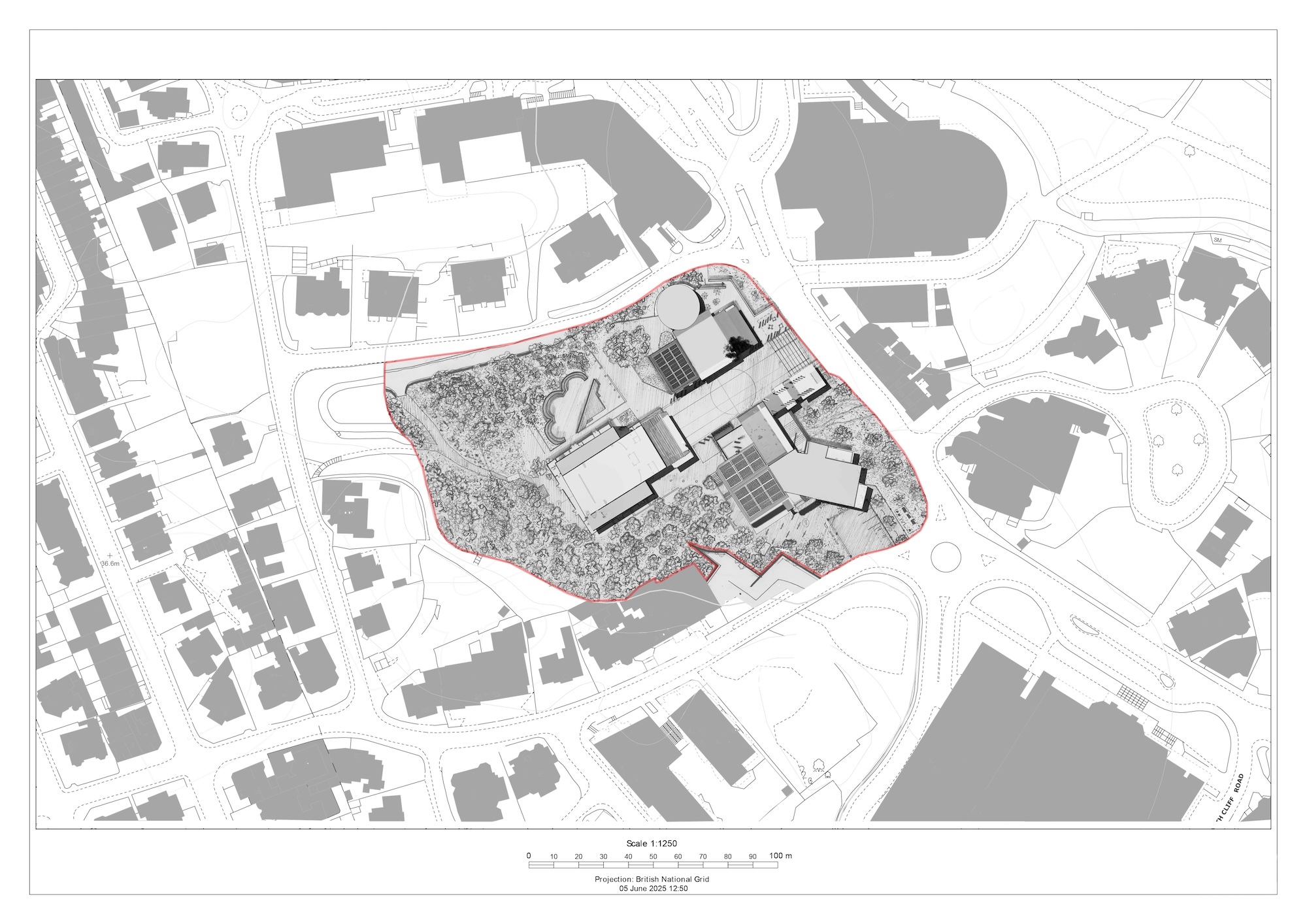 Architectural site plan showing grey building footprints on white background with central detailed area featuring textured patterns and thin red boundary lines.