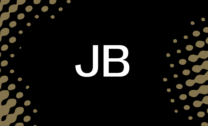Black tile with gold pixellated accents and the initials JB in the centre.