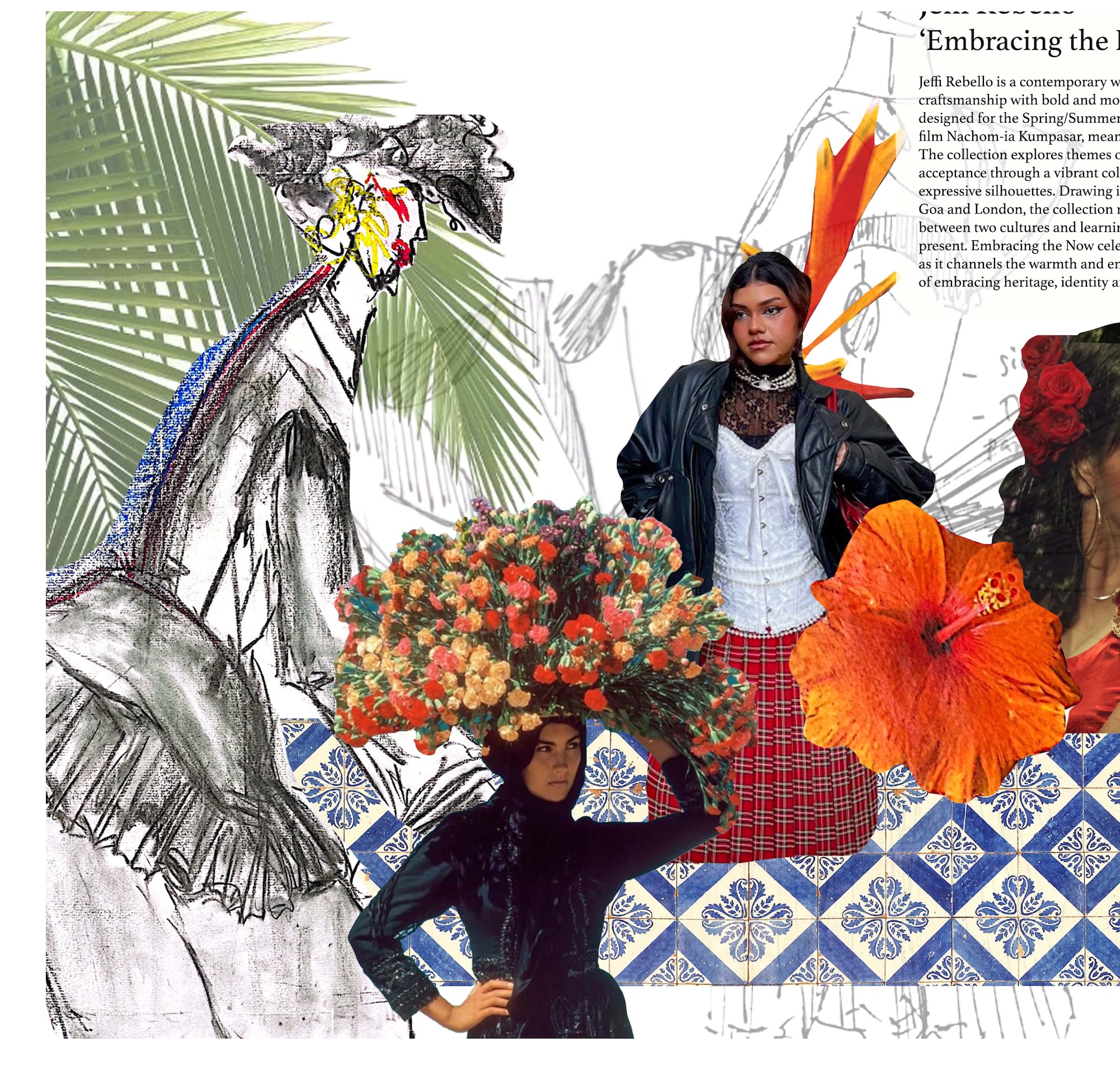 A fashion collage features a woman in a black jacket and red plaid skirt beside floral and tropical illustrations, with blue patterned tiles and magazine-style text in the background.