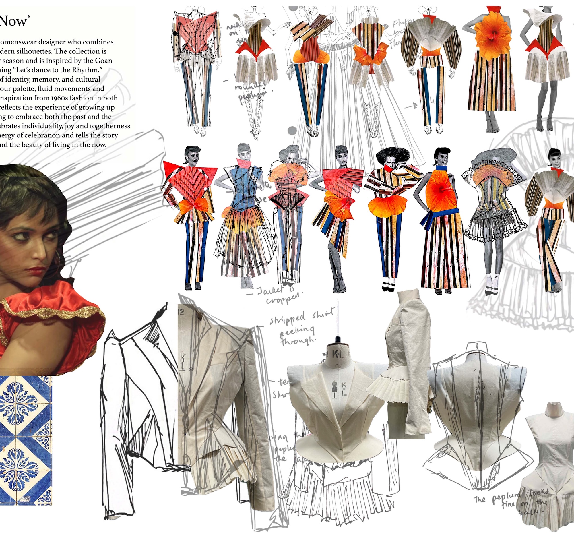 A fashion design mood board with colourful costume sketches and fabric studies, including a model portrait on the left and white garment mock-ups across the bottom.