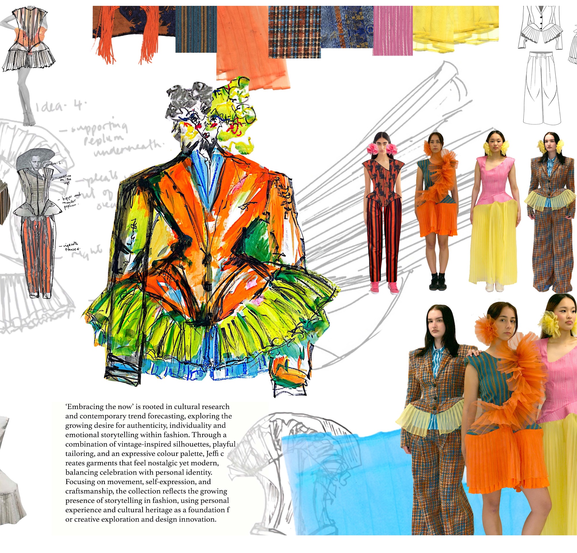 A fashion design mood board showing a colourful sketch of a layered outfit, fabric swatches along the top, and reference photos of models wearing orange, pink and patterned clothes.