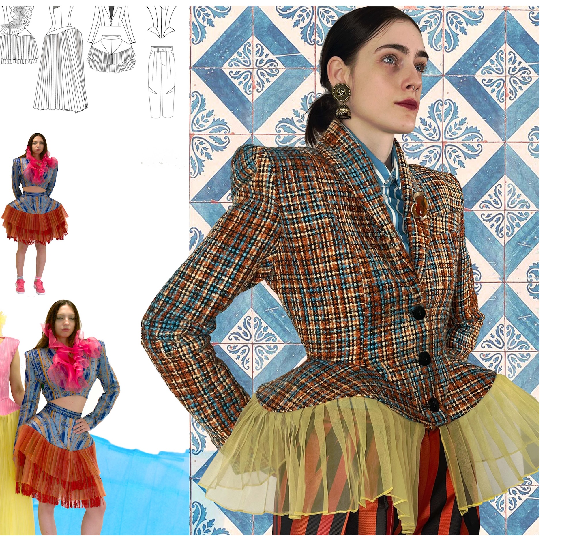 A fashion model in a patterned blazer and yellow tulle skirt stands before blue and white tiled wall panels, with garment sketches and smaller outfit images on the left.
