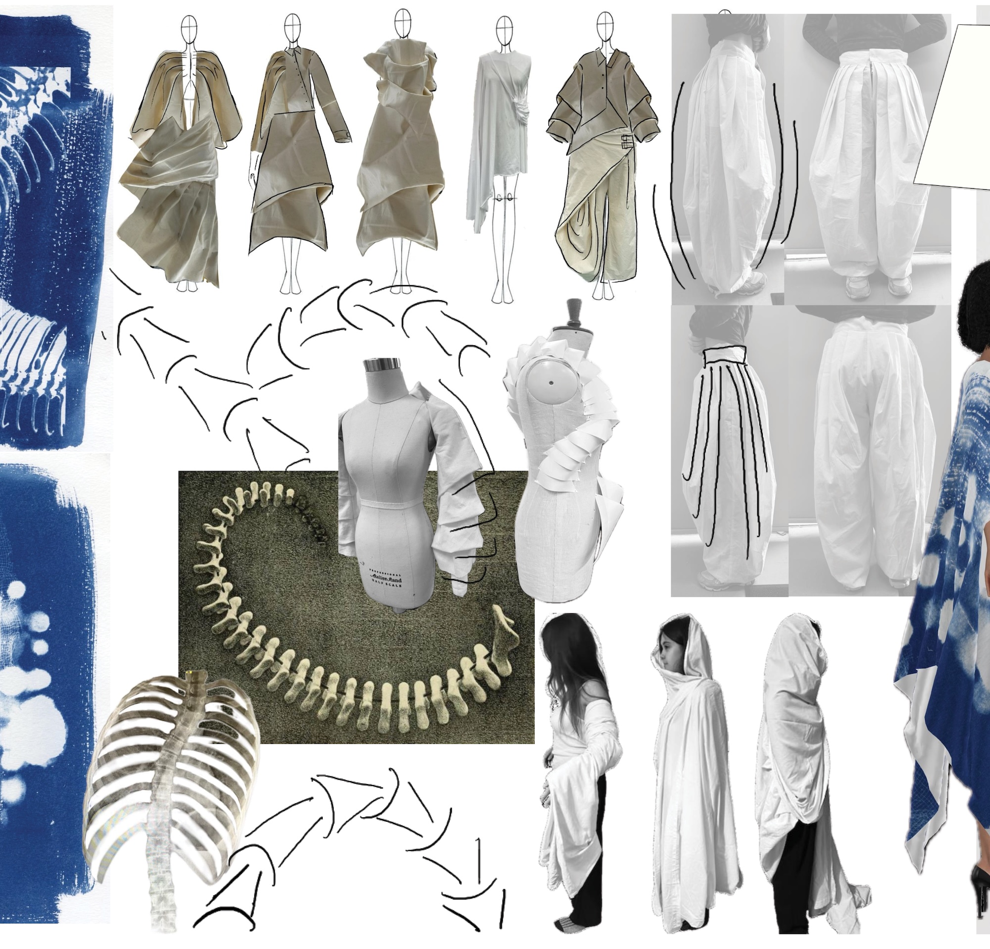 A fashion design mood board showing draped garment sketches, dress forms and patterned fabric studies, with ribcage references and blue textile swatches along the edges.