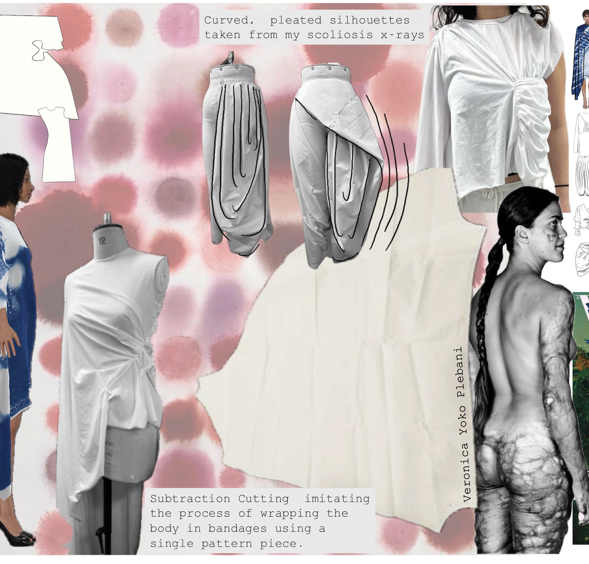 A fashion collage of white draped garments and skirt sketches with handwritten notes on curved, pleated silhouettes taken from scoliosis X-rays, set against a pink blotched background.