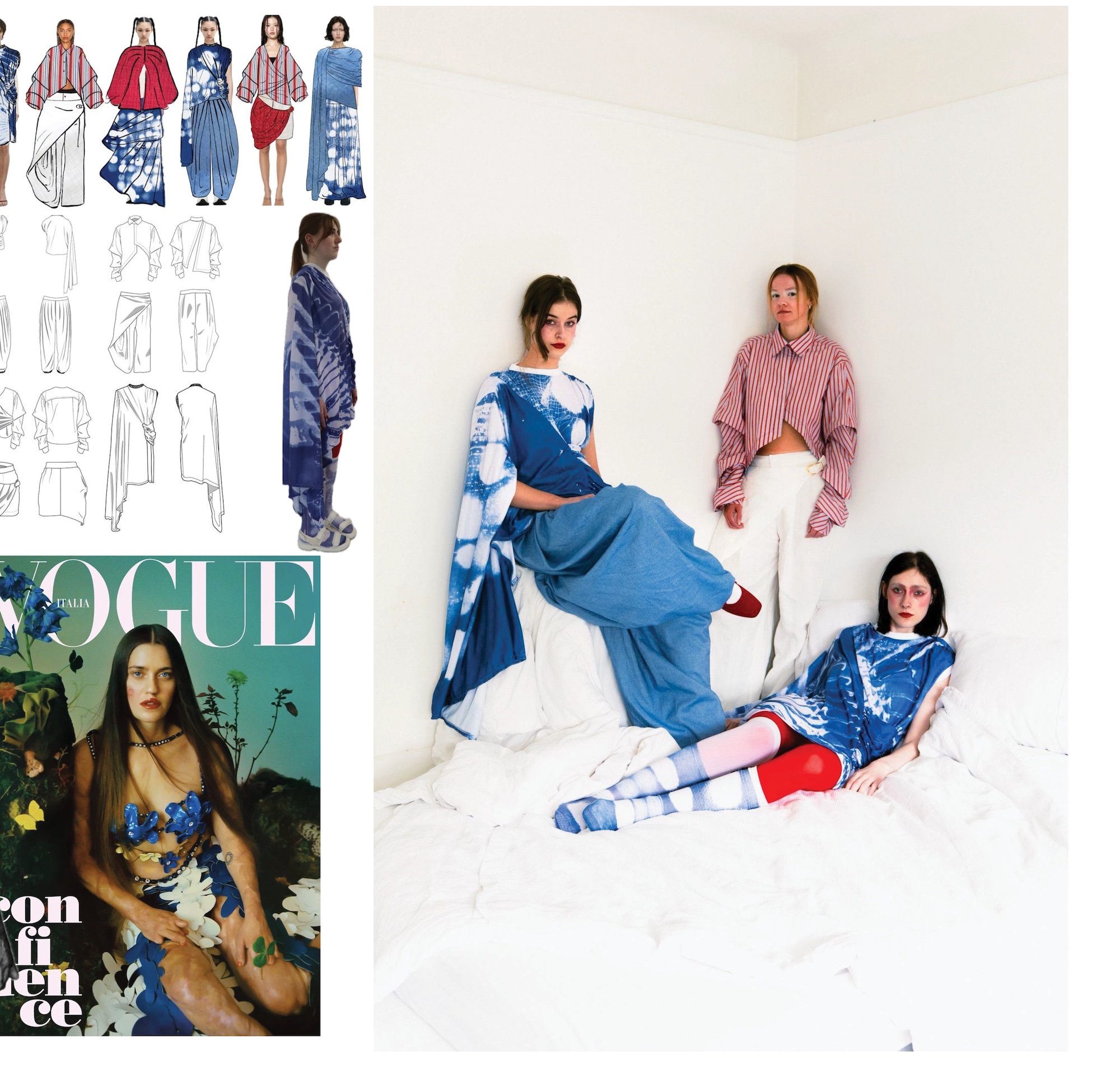 Three women pose in a white room wearing blue and red fashion outfits, with design sketches and a Vogue cover shown in a collage at the left.