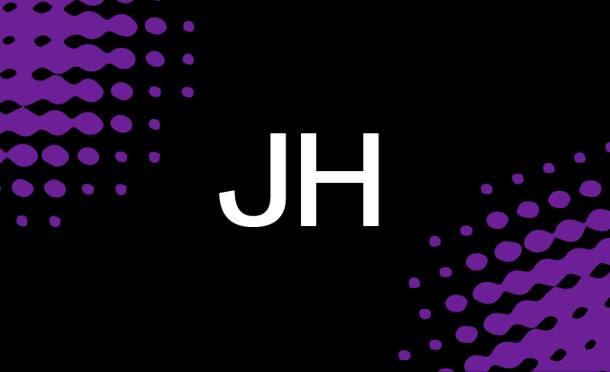 Black tile with purple pixellated accents and the initials "JH" in the centre.