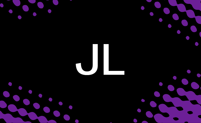 Black tile with purple pixellated accents and the initials JL in the centre.