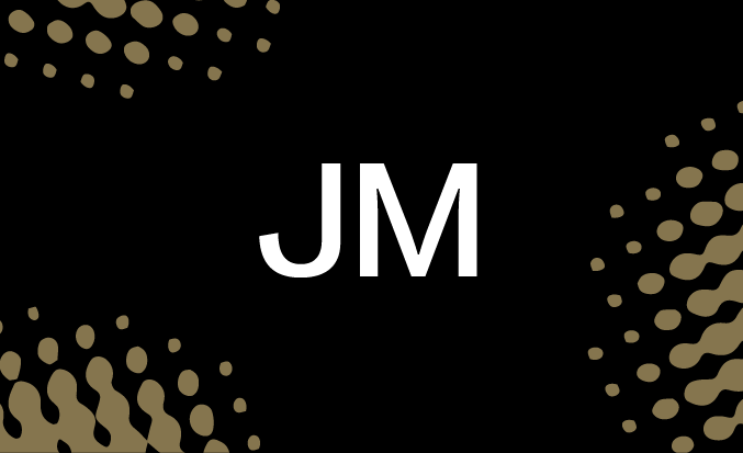 Black and gold banner with the white text "JM" in the centre.