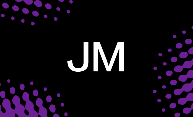Black and purple banner with the white text "JM" in the centre.